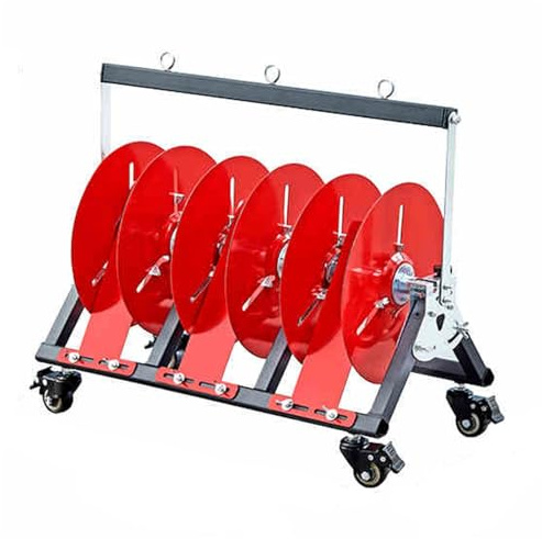 Generisch Zusammenklappbarer Drahtspulenständer mit Bremsrollen, robuster Kabeltrommelhalter für 3 Trommeln, ideal zum Organisieren von Seilen, Schnüren und Paracord-Wicklern.
