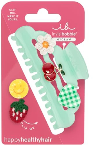 Grüne Haarklammer Damen Sommer mit Charms - Invisibobble MyClaw Picnic Pop fruity bunt - Haarspange Haarschmuck groß XXL mit Smiley, Kirsche, Erdbeere, Blume & kariertem Herz - Größe L