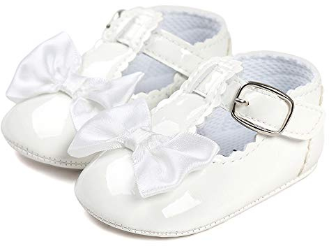 LACOFIA Scarpe da Primi Passi Bambina Scarpe da Battesimo Principessa Antiscivolo Bowknot della neonata Bianco 3-6 Mesi