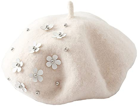 Licus Baskenmütze für Kinder, Mädchen, Wollfilz, Blumen, französischer Künstler, Beanie-Mütze, beige, M