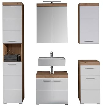 trendteam smart living - Amanda - Badezimmer Komplettset (WBU + Spiegelschrank LED + Standschrank + Hochschrank + Hängeschrank) - Weiß/Weiß Hochglanz Eiche - (BxHxT) 163 x 190 x 34 cm - Kratzfest | B 164 x H 190 x T 34 cm · feuchtraumgeeignet