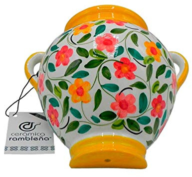 CERÁMICA RAMBLEÑA | Maceta Colgante orza | Maceta de Barro para Colgar | Maceta Pared | Amarillo y Blanco | 100% Decorada a Mano | 17x15x12 cm