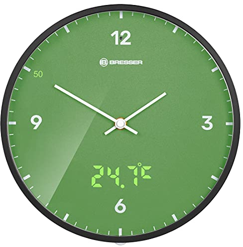 BRESSER MyTime LEDsec - Orologio da parete radiocomandato con quadrante grande da 24 cm, display dei secondi LED, temperatura interna e movimento radiocontrollato silenzioso, verde