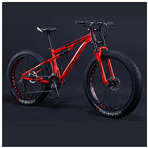 NENGGE Mountainbike Fatbike 24 Zoll Mountainbike, 7/21/24/27/30 Gang-Schaltung Erwachsene Fette Reifen Fahrrad, Rahmen Kohlenstoffstahl, Herren Damen Vollfederung Bike,Rot,30 Speed