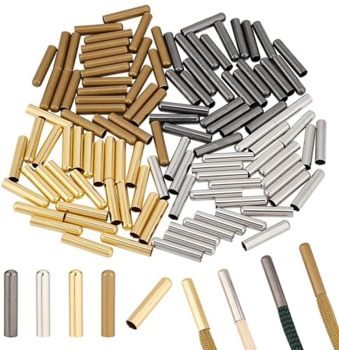 PandaHall 120 Stück 4 Farben Metall Schnürsenkel Tipps, Messing Säule Kordel-Enden Schnürsenkel Spitze Köpfe Schnürsenkel Reparatur Aglets für DIY Hoodies Strandhosen Leinwand Turnschuhe Hutseil