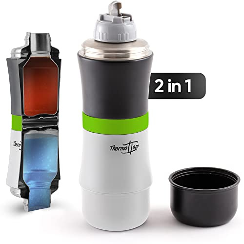 ThermoTom® 2in1 Thermosflasche 2×500ml – Doppelkammer Isolierflasche heiß & kalt | Breite Öffnung (5 cm) für Suppe, Snacks & Getränke | Edelstahl, 2 Becher, ideal für Outdoor & Arbeit