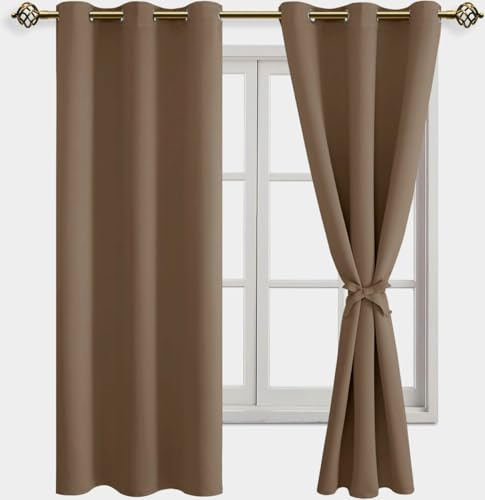 JIUZHEN Vorhänge Blickdicht mit Ösen Verdunklungsvorhänge 137x117cm(HxB) | 2er Set Khaki Thermovorhang Kälteschutz Tür mit Raffhalter Ösenvorhang UV-Schutz Kälteschutz, Wohnzimmer Balkon, Cappuccino
