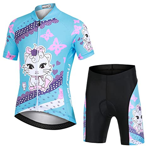 Amur Leopard barncykeltröja set pojkar flickor (kortärmad tröja och korta cykelbyxor med 3D-sittdyna), ventilerande cykelsportkläder, katt, 134–140 (tillverkarens storlek: XL)