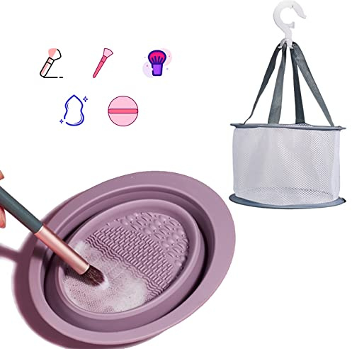 Yolistar Esterilla Limpiadora de Silicona Plegable para Brochas de Maquillaje + Tendederos Plegables de Red, Herramienta Portátil de Limpieza de Maquillaje para Limpiar Varios Pinceles de Maquillaje