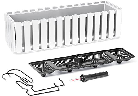 KAGM Blumenkasten Balkonkasten Pflanzkasten Latten-Optik/Landhausoptik mit Halterung Wasserspeicher / 58cm Weiß