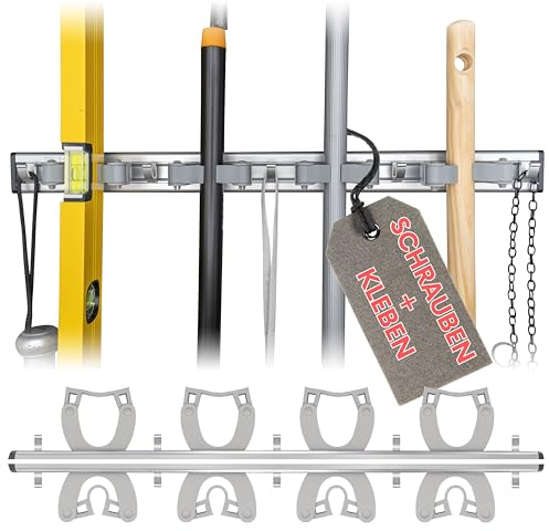 Poly Solution® Besenhalter & Gerätehalter Wand mit 4 Halterungen & 5 Haken (Kleben oder Bohren) - Universal Gerätehalterung für Besenstiel, Gartengeräte, Werkzeug - Besenhalterung für Abstellraum