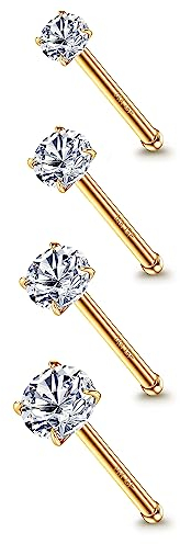 FIOROYAL 4 Stk 14k Gold Gefüllte Nasenpiercing 20G Chirurgenstahl Nasenpiercing Stecker 1.5-3MM Runder Zirkonia Gerade Piercing Nase Gold Nostril Piercing Schmuck
