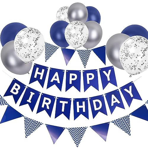 Luftballons Geburtstag Dekoration Set, Marineblau Geburtstagsdeko Happy Birthday deko Banner Party Deko Geburtstag Set mit Marineblau und Silber Luftballons Dreiecksflaggen Girlanden（NB+SJQ）