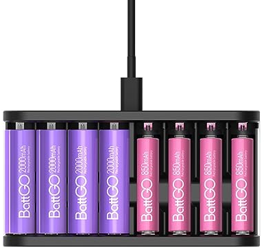 LIMETA Caricabatteria AA AAA a 8 alloggiamenti - Caricabatterie ad alta velocità max 27W - Caricabatterie per uso domestico per batterie ricaricabili agli ioni di litio, NiMH, NiCd, LiFePo4 - Display