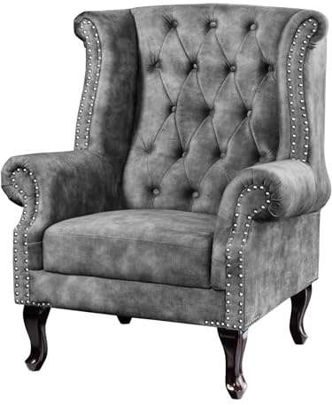 Ohrensessel CHESTERFIELD - 105cm - silber - Samt Armlehnen Design | Federkern-Komfort, Rundumbezug, Knopfheftung, Nietenbesatz, Ziersteppung, Nosagfederung, bequeme Polsterung