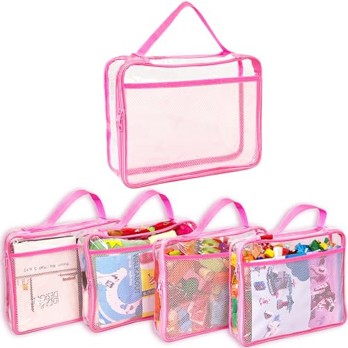 Toy Zippered Blocks Set Storage Bags for Kids - 4PC Large PVC Storage Organizer Bags with Mesh Side Pockets for Puzzle, Clay, Book, Small Models and Mini Plush Toys. 30x23x6.6 (Pink)