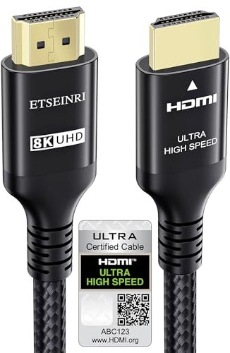 Etseinri Câble HDMI 2.1 1.5M, Certifié 10K 8K 4K Câble HDMI® Ultra Haute Vitesse 4K 240Hz 165Hz 120Hz 8K 60Hz 48Gbps HDCP 2.3 Dolby Atmos Vision eARC HDR pour PC Moniteurs Gaming TV Soundbar