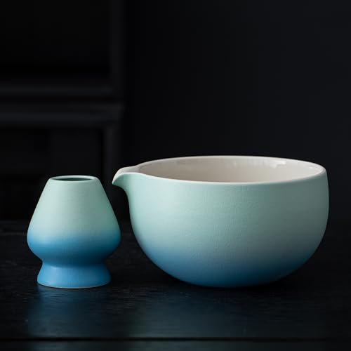 TEANAGOO Japanese Ceramic Matcha Chawan, 18oz, Blue White Gradient, Whisk Holder Included