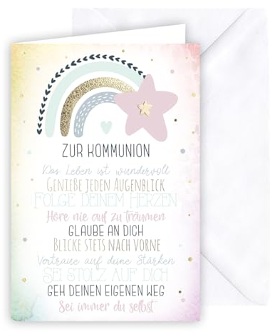 KE - Farbenfrohe Glückwunschkarte zur Kommunion für Jungen und Mädchen, inkl. Umschlag, Geldscheinkarte, mit goldener Folie geprägt, DIN B6 Format, Kommunionskarte, Motiv: Sternschnuppe