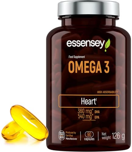 Essensey Omega 3 Fish Oil Capsules with DHA, EPA & Vitamin E - 90 Softgels for Brain Heart & Eye Health - Essential Fatty Acids Supplement