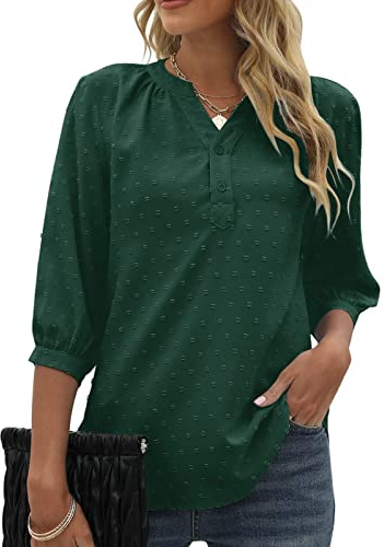 GOTOTOP Women V Neck 3/4 Sleeve Dot Blouses Casual Button Shirts for Work and Daily Wear (S) Dark Green