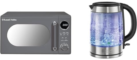 Russell Hobbs RHM2044G Retro 20 Litre Grey Digital Microwave, 800W, Mirror Finish & Illuminating 1.7L Electric Cordless Glass Kettle