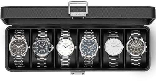 Vlando 6-Slot Watch Case for Men, Watch Box with Glass Lid, Lockable Watch Holder, Business Textured Leather Organizer Display Case, Soft Pillow, Gifts for Fathers, Dad, Husband, Valentines - Black