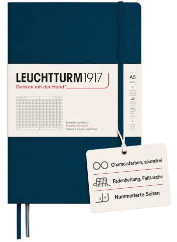 LEUCHTTURM1917 Notizbuch Medium A5 Hardcover, kariert, Deep Sea | 251 nummerierte Seiten, Inhaltsverzeichnis, 80 g/m² chamoisfarben, Fadenheftung, säurefrei