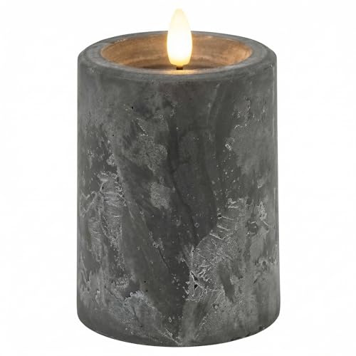MIJOMA LED-Kerze in edler Marmoroptik mit Realistic Flame Effekt - Authentisches warmweißes Leuchten, 6/18 Timer, batteriebetrieben, für ein gemütlich stilvolles Zuhause (betongrau, Ø7.5 x H10 cm)