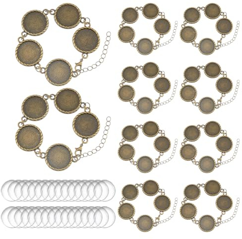 Hobbspring 10Pcs Runde leere Lünette Armbänder Armband Lünette Einstellungen mit 50Pcs Glas Cabochons Antique Bronze DIY leere Kuppel Armband für Braceltes Schmuck machen DIY Crafts