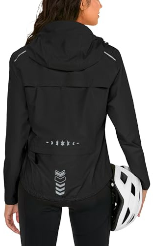 FitsT4 Sports Giacca antipioggia da donna, leggera, impermeabile, ripiegabile, da corsa, riflettente, con cappuccio, nero, X-Large
