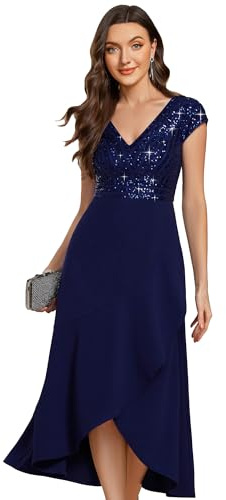 Ever-Pretty Elegante Abendkleider V-Ausschnitt Pailletten Kurzes Modisches und Mutterkleid für Frauen Hochzeitsgastkleider Navy Blau 40