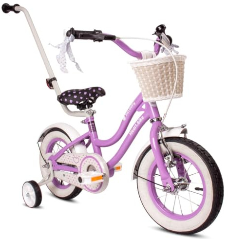 sun baby Heart Bike Kinderfahrrad für Mädchen 12 Zoll, ab 2 Jahre, mit Stützrädern, Abnehmbarer Schubstange, Korb, Klingel, Rücktrittbremse & V-Brake (Lila, 12 Zoll)