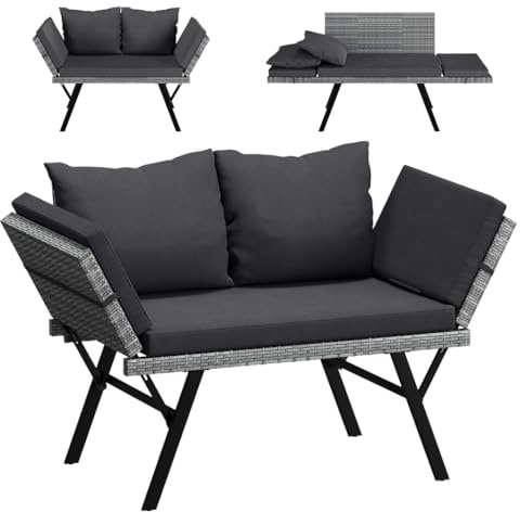 STEELSØN Elytra Rattan Gartenbank Grau mit Auflage, klappbar, wetterfest | Loungesofa mit verstellbaren Armlehnen, Sonnenliege, Terrassensitzbank mit Liegefunktion bis 177 cm, Outdoor Gartencouch