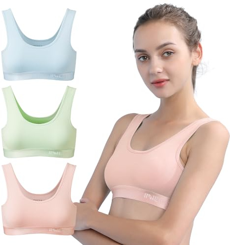 INNERSY bustier flicka bomull sport bh utan bygel bralette barn till tonåringar 6–16 år 3-pack, Ljusrosa/ljusblå/ljusgrön, 14-16 år
