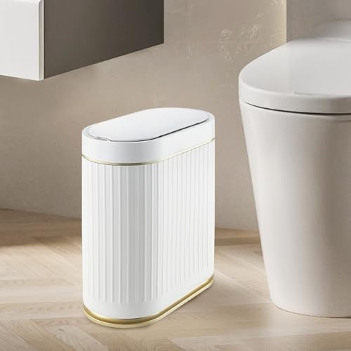 ELPHECO Bathroom Trash Can 2 Gallon Plastic Smart Garbage Can Waterproof 7.5L Wastebasket Bathroom Decor Narrow Garbage Bin with Automatic lid for Bedroom, Kitchen, Office, White Gold