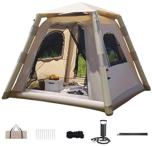 Kabxhueo Tenda gonfiabile per campeggio 4 persone, Tenda da campeggio gonfiabile con pompa, Glamping Tenda per famiglia 4 stagioni, impermeabile per esterni, con finestra e porte in rete