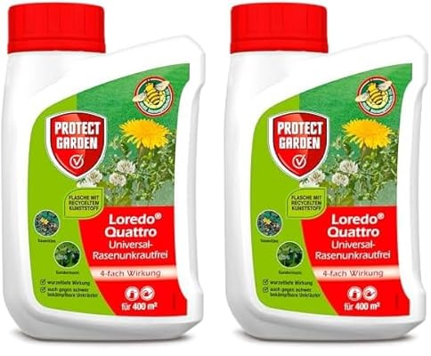 PROTECT GARDEN Universal-Rasenunkrautfrei Loredo Quattro Rasen-Unkrautvernichter gegen hartnäckige Unkräuter mit 4-fach Wirkung, 400 ml (Packung mit 2)