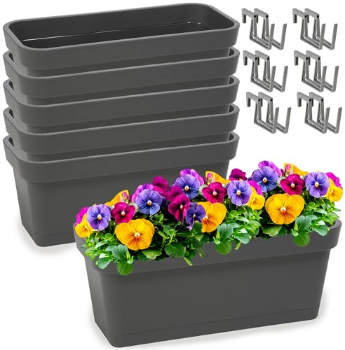 PECZEKO Blumenkasten-Set aus Kunststoff, Pflanzkasten für Blumen und Kräuter, Widerstandsfähiger Balkontopf, Pflanzkübel für Balkon 6 Pack Anthrazit, ø 40 cm