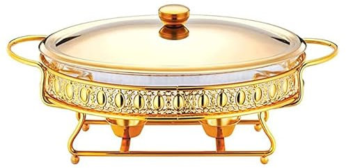 Chafing Dish/Buffet Chafer in Acciaio Inox con Vassoio in Vetro, teglia per Alimenti, Contenitore per combustibile e Coperchio per Server Commerciali, scaldavivande (Oro, 2 L)