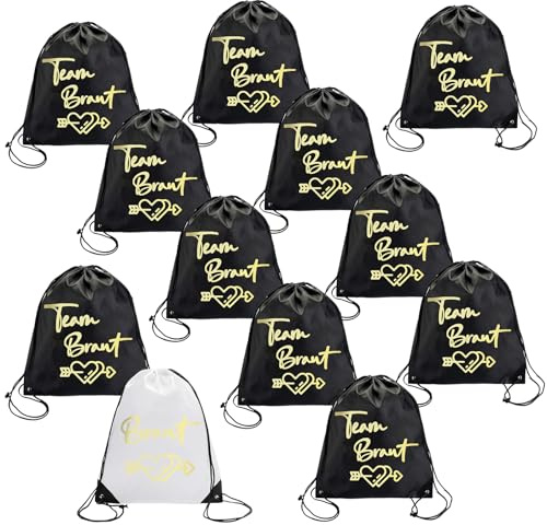 CHENBOOW 12 Stück Turnbeutel JGA, Braut Rucksack, Damen Team Braut, Hochzeitsaccessoires, Schwarz und Weiß, 34 x 42 cm, Casual, Softshell, Kordelzug, Junggesellinnenabschied, Hochzeit, Verlobung