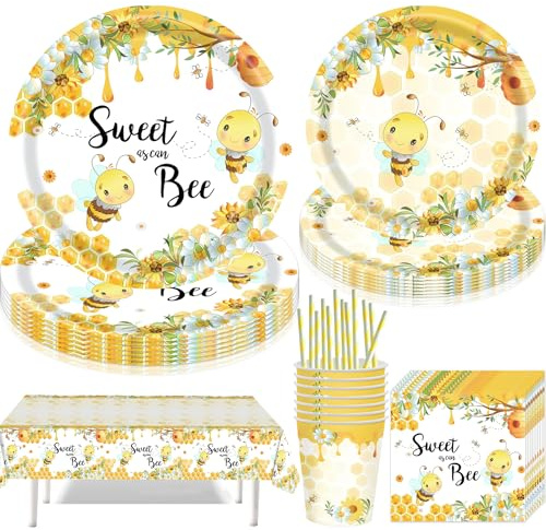 Jiahuade Set di stoviglie per feste, con api, 61 pezzi, decorazione per feste di compleanno, con piatto di carta, tovaglioli, cannucce per 10 ospiti