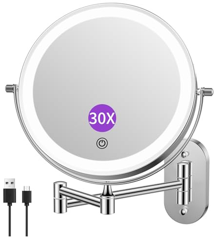 FUNTOUCH 5000mAh Wiederaufladbar Kosmetikspiegel mit LED Beleuchtetung, 1X 30X Spiegel Vergrößerung, Dimmbarer Rasierspiegel 3 Farben, Touchscreen, 360° Drehbar, Schminkspiegel für Badezimmer