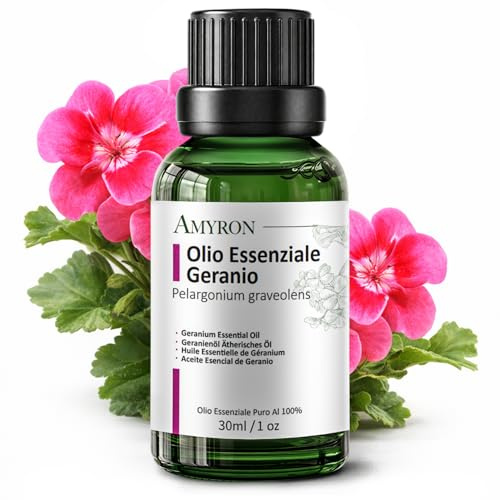 Olio Essenziale Geranio 30 ml AMYRON | Pelargonium Graveolens | Naturale E Puro Al 100% Ideale Per Aromaterapia E Uso Terapeutico | Diffusore | Massaggi | Uso Alimentare Senza OGM | Made in Italy