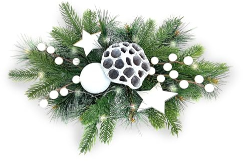 Gartenpirat Adventsgesteck 26x42cm mit 20 LED warmweiß und weißen Dekorationen Weihnachtsdeko für Tisch Fenster Festliche Weihnachtsdekoration für Advent & Winter