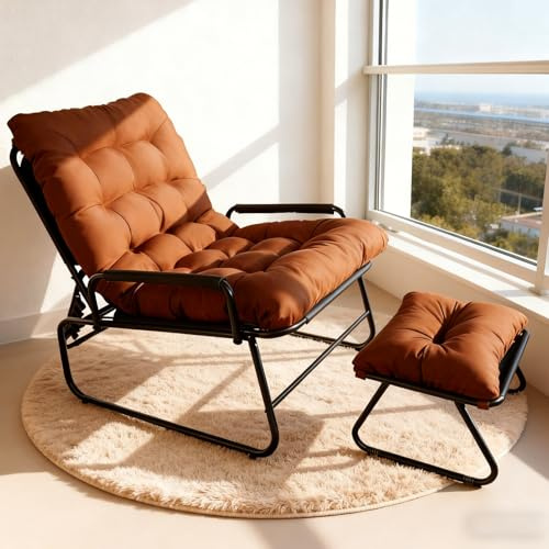 FUOIDYE Loungesessel Outdoor, Gartenliege Liegestuhl Balkonsessel mit Hocker, Relaxsessel Garten, Auflage Abnehmbar, 5-Positionen Liegefunktion für Wohnzimmer,Terrasse, Studie, bis150kg (Braun)