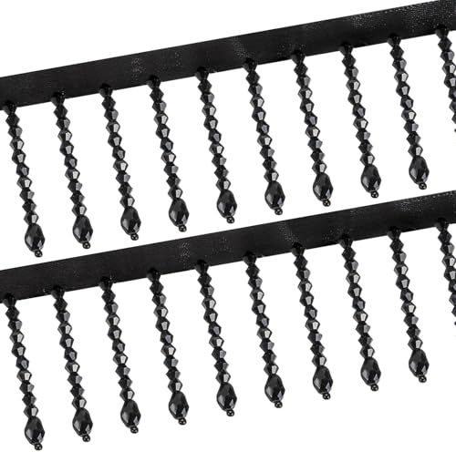 QUARKZMAN 1 Yarda De Fleco De Cinta Con Cuentas De Cristal Fleco De Borlas Con Cristales Y Cuentas De Rhinestone Para Cortinas Pantalla De Lámpara Vestidos Decoración De Boda DIY Negro