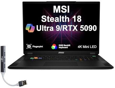 msi Stealth AI Gaming Laptop 18 4K (Intel Ultra 9-275HX, GeForce RTX 5090 24GB, 64GB DDR5, 8TB PCIe SSD, Win 11 Pro) w/DKZ USB Port Expander