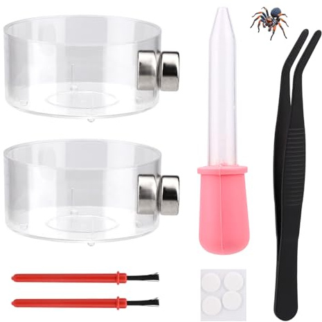 6 Piezas Araña Saltadora Alimentación Plato Set, Incluye 2 Magnético Agua Tazón Bandeja 2 Cepillos 1 Tenazas Reptil Alimentación & 1 Cuentagotas Araña Saltadora Terrario Accesorios Kit
