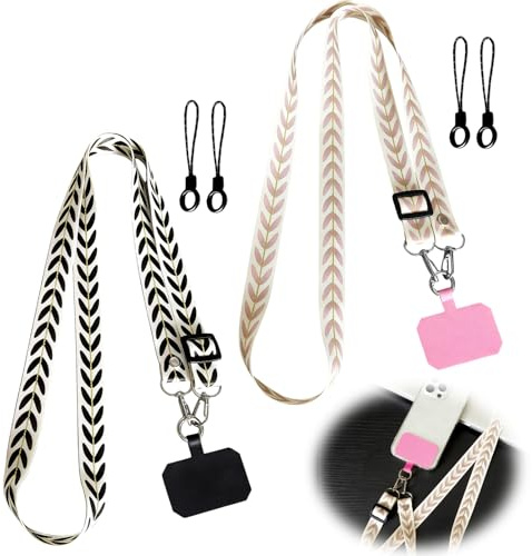 Zynqo - Lote de 2 hojas y perlas para teléfono móvil, universal, cordón transversal para teléfono, cuello universal, cordón ajustable (negro, rosa)